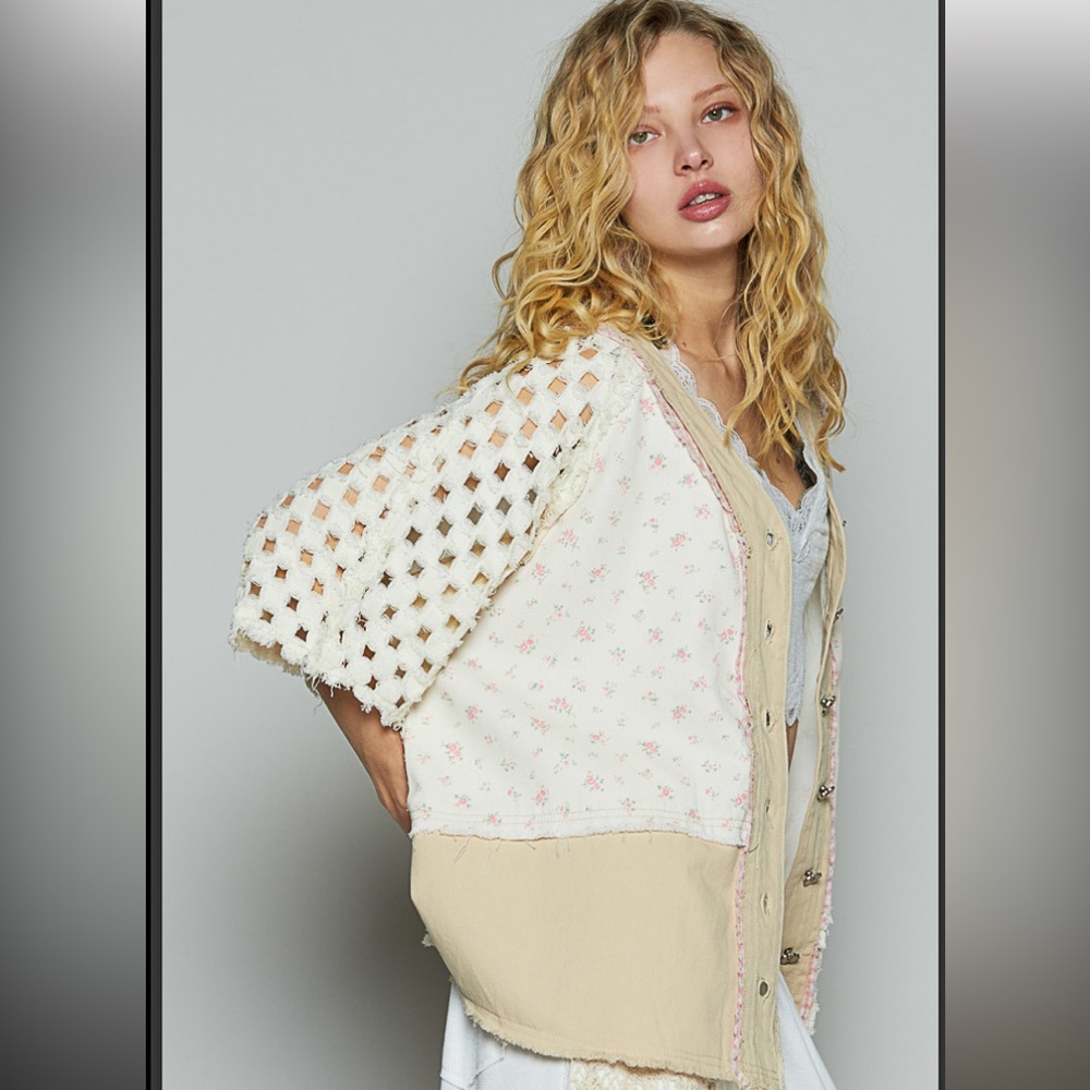 M POL Patchwork Cream and Beige Crochet Sleeve Cardigan